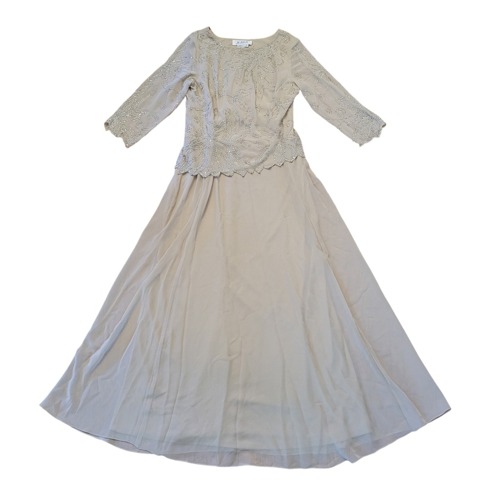 J Kara 6P Modest Gown Tan Beaded Chiffon Scalloped‎ Evening Dress Bridesmaid